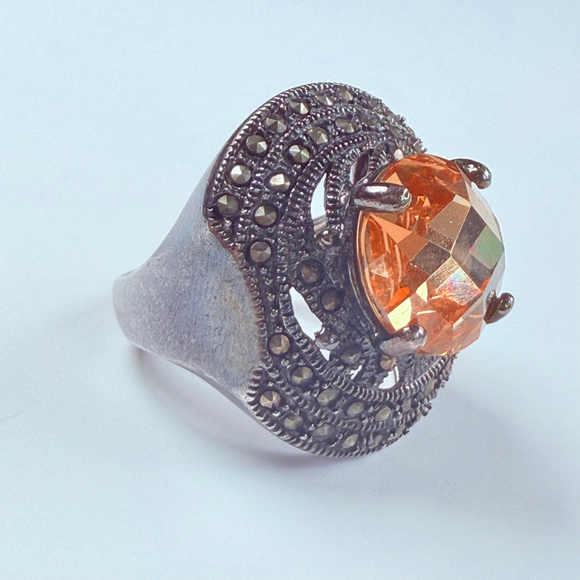 Art Deco Revival 5.5 CT Champagne Orange Quartz & Marcasite Sterling Silver Ring - Picture 7 of 12